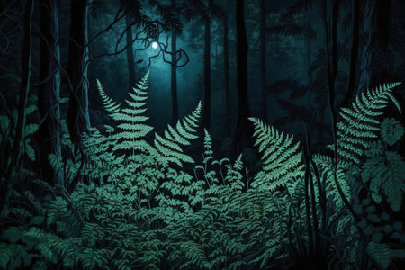 Ferns in the forest at night.3D rendering.の素材
