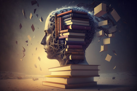 Knowledge concept with human head made of books. 3d renderingの素材