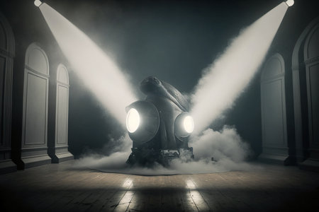 Creepy halloween scene with gas mask and light beamの素材