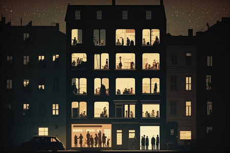 Silhouettes of people in the city at night. Collageの素材