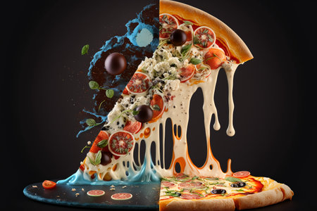 Pizza with flying ingredients and splashes on a black background.の素材