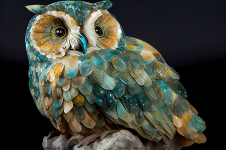Owl statue isolated on black background, close-up portrait.の素材