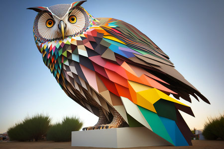 Owl made of multicolored polygonal shapes in the desertの素材