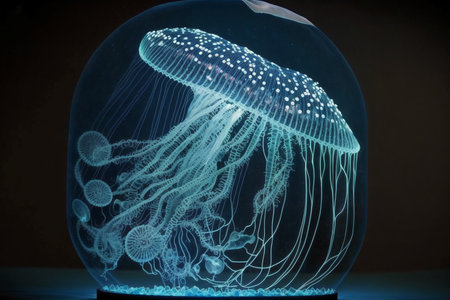 Jellyfish in a glass jar on a black background. Jellyfish is a species of jellyfish.の素材