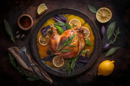 Baked turkey with lemon and sage on dark background, top viewの素材