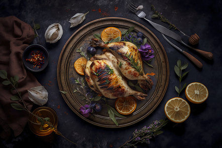 Roasted whole chicken with orange and herbs on a dark background. Top viewの素材