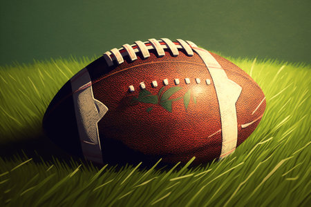 American football ball on the grass. 3D illustration. Vintage style.の素材