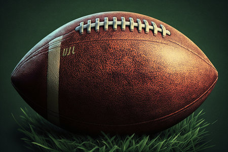American football ball on green grass against green background with vignetteの素材