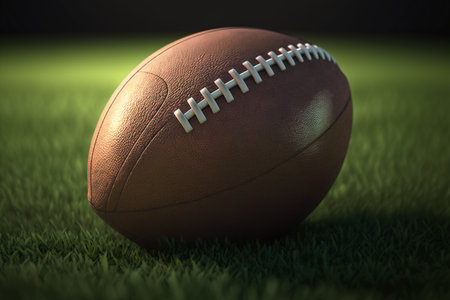 American football ball on green grass. Close-up. 3D Renderingの素材