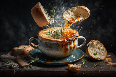 Cheese fondue with fresh thyme and bread on dark backgroundの素材