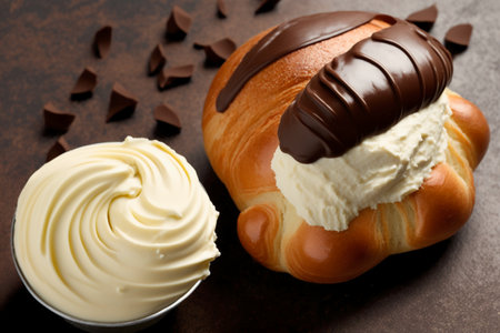 Chocolate buns with vanilla ice cream on a brown background.の素材