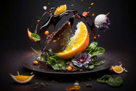 Splash of liquid chocolate with fruits and vegetables on a black backgroundの素材