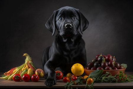 Black labrador retriever dog with fruits and vegetables on black backgroundの素材