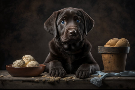 Chocolate Labrador puppy with a bowl of cookies on a wooden tableの素材