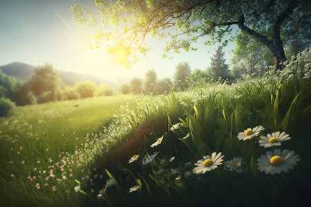 Beautiful spring meadow with daisies and sunbeamsの素材