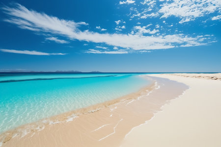 Beautiful white sand beach with turquoise water and blue skyの素材