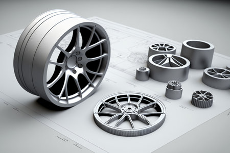 3d illustration of alloy wheel over white background with car engine partsの素材