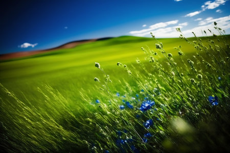 Beautiful spring landscape with blue cornflowers and blue sky.の素材