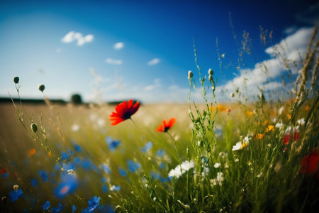 Field of cornflowers and poppies on the background of blue skyの素材