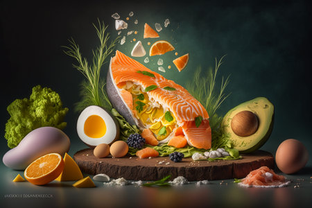 Healthy food concept with salmon, avocado, eggs and vegetables on dark backgroundの素材