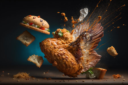 Flying chicken burger with flying ingredients on dark background. Fast food conceptの素材