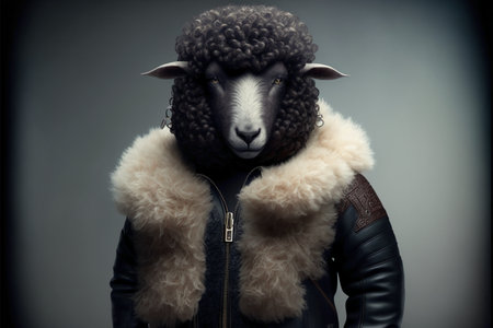 Portrait of a sheep wearing a leather jacket and sheepskin coatの素材