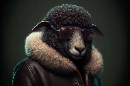 Portrait of a sheep wearing a leather jacket, sunglasses and fur.の素材
