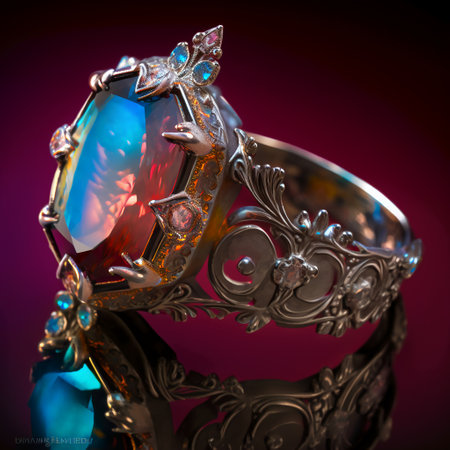Jewelry ring with a precious stone on a dark background.の素材