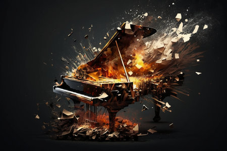 Piano in fire with explosion and pieces of paper flying in the airの素材
