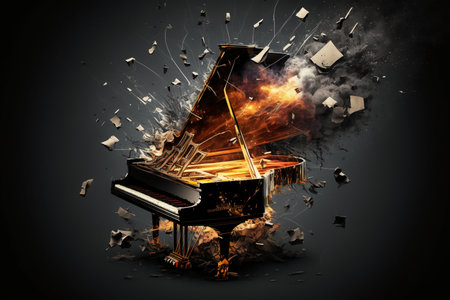 Piano in fire and smoke on black background. 3d illustrationの素材