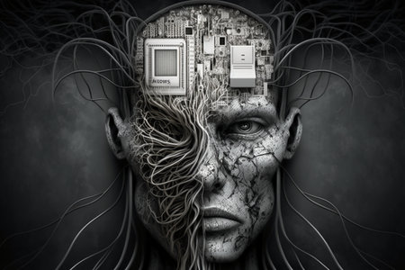 3d illustration of a human head with a circuit board in the backgroundの素材