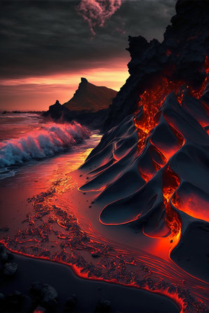 Fantasy alien planet. Mountain and ocean. 3D illustration.の素材