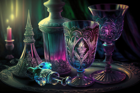 Still life with glass candlesticks and candlesticks on a dark backgroundの素材