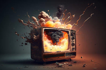Vintage TV with blast of smoke and dust on dark background.の素材