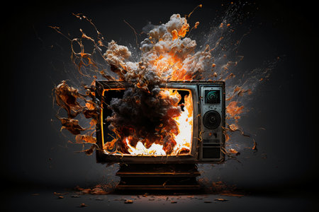 Burning old TV with flames and smoke on dark background. 3d illustrationの素材