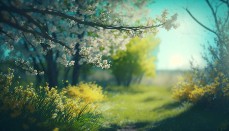 Beautiful spring landscape with blooming trees and yellow flowers in sunny dayの素材