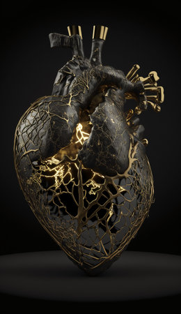 3d rendering of a human heart in gold on a black backgroundの素材