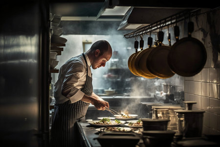 Portrait of a male chef preparing food in a restaurant kitchen.の素材