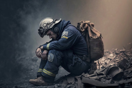 Portrait of a firefighter in uniform and helmet in the smoke.の素材