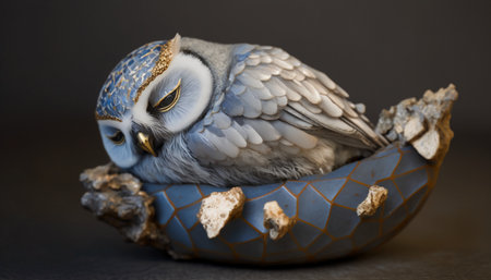 Beautiful owl sitting on a blue pottery bowl over black backgroundの素材