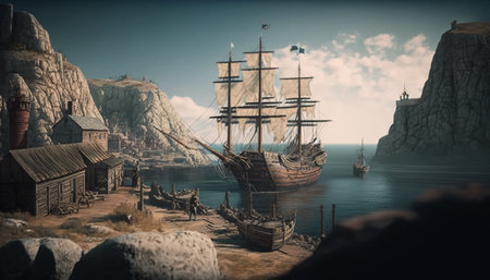 Pirate ship in the sea. 3D render. Vintage style.の素材