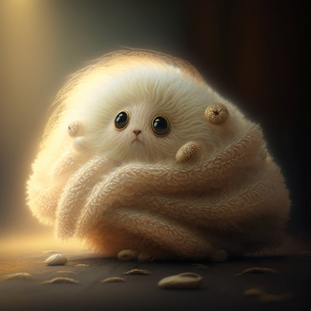 Cute fluffy cat in a warm scarf on a dark background.の素材