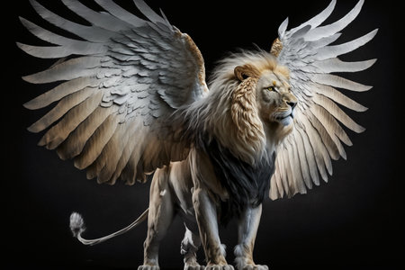 Lion with wings on a black background. 3d rendering.の素材