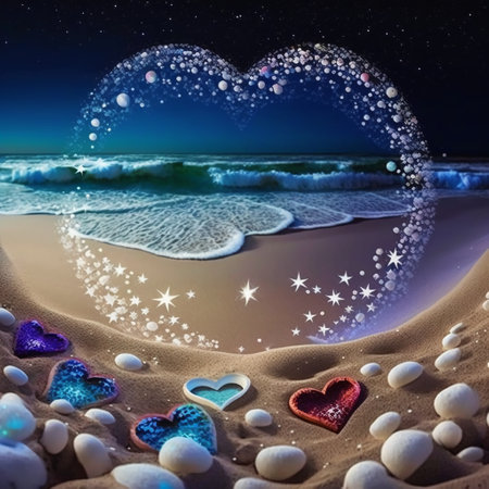 heart shape on the beach at night with stars and sea stones.の素材