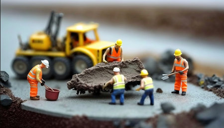 Miniature people : Workers are working on the road construction site.の素材