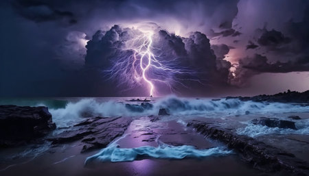 Lightning strikes the rocks in stormy weather. 3D renderingの素材