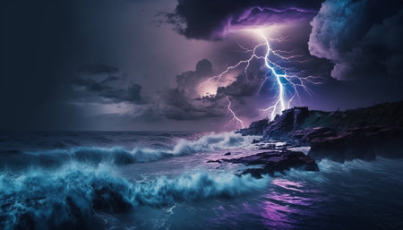 Conceptual image of stormy sea with lightning striking the rocksの素材