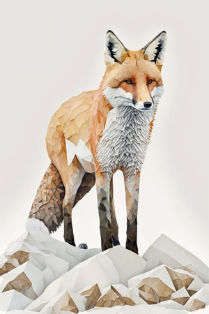 Wood origami fox on the white background. 3D illustration.の素材