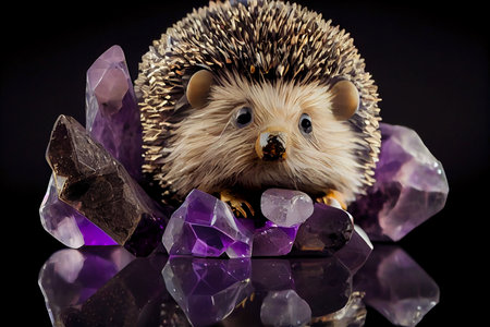 Hedgehog with crystal on a black background. Fantasy animal.の素材