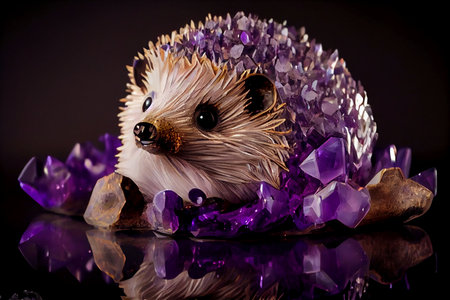 Hedgehog with purple crystals on a black background with reflection.の素材
